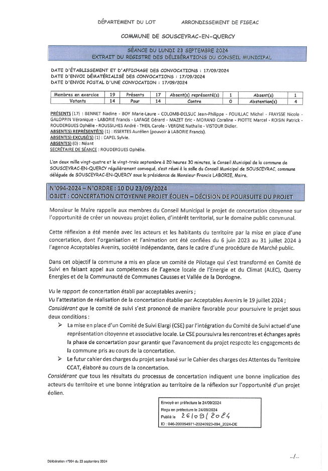 Séance du conseil, extrait du registre des délibération du conseil