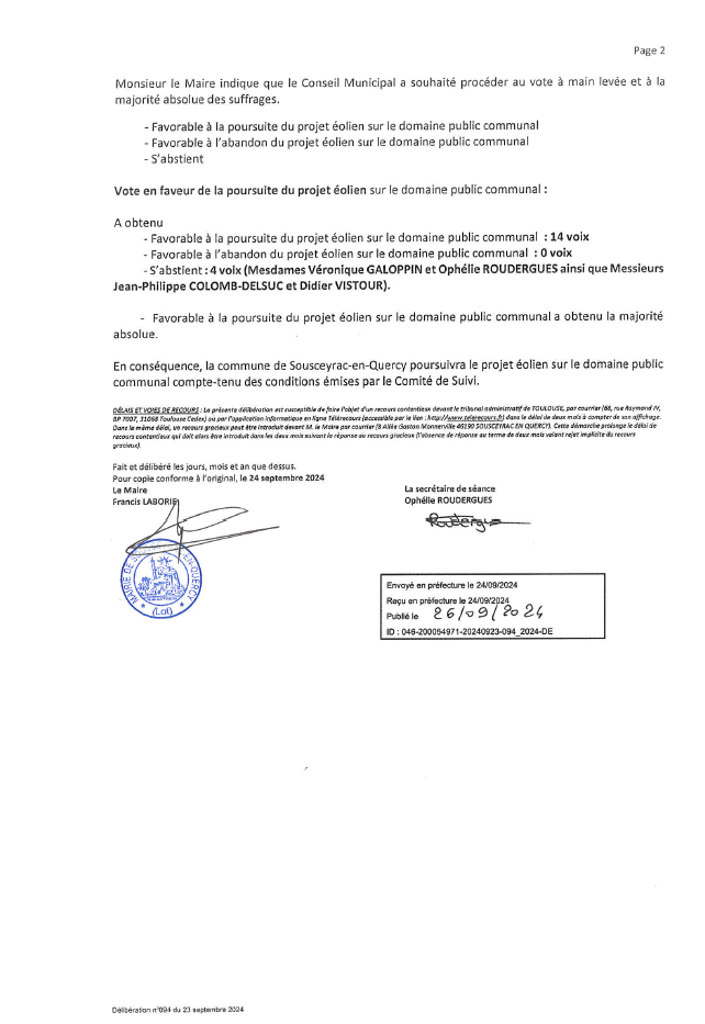 Suite Séance du conseil, extrait du registre des délibération du conseil