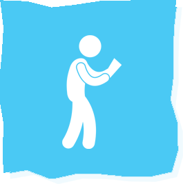 Icône d'une personne lisant un document, sur un fond bleu clair.