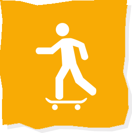 Icône représentant une personne pratiquant le skateboard sur fond orange